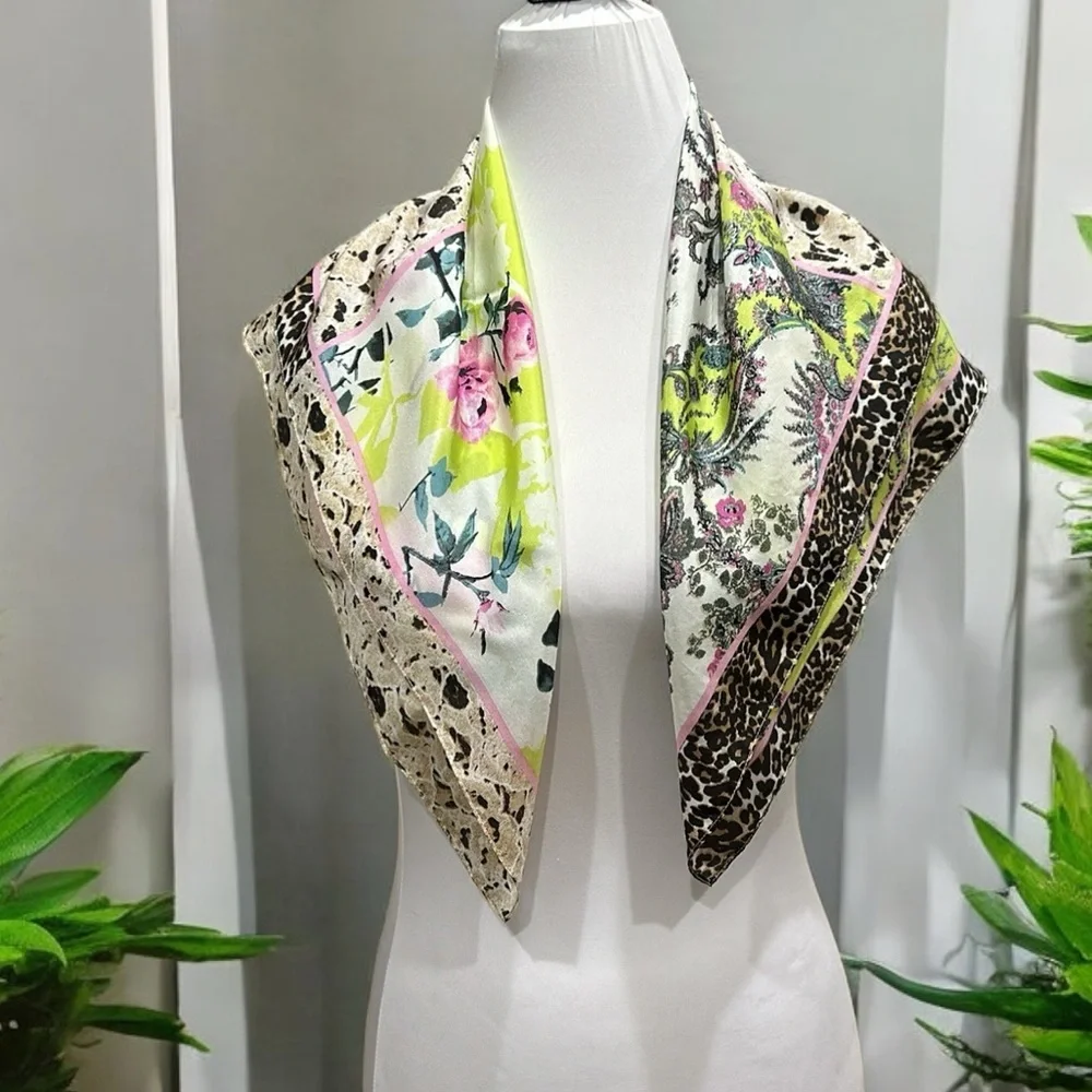 Pure Silk Scarf by Bassler leopard floral black cream pink teal 27x27